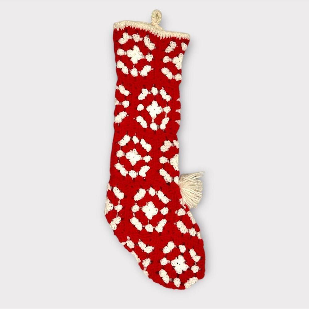Handmade Crochet Christmas Stocking Granny Square Style Red White Pompom Bell - Picture 7 of 7